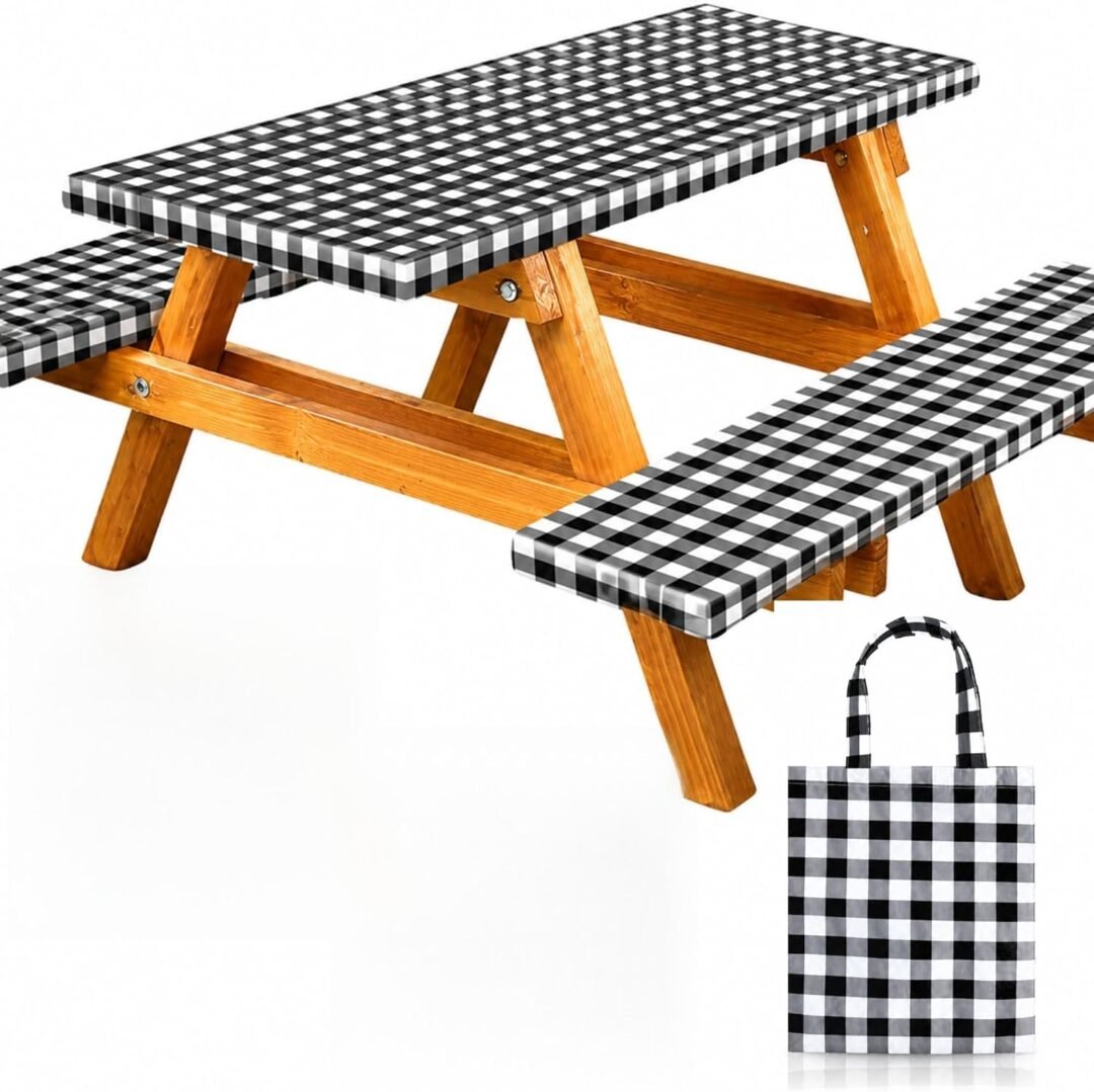 RNOONY Vinyl Fitted Picnic Table Cover with Bench Covers and Bag, 6ft Outdoor Waterproof Windproof Tablecloth with Elastic Edges. Camping RV Gear Campers Must Have 72x30 Inches 4 Pcs Set (Black)